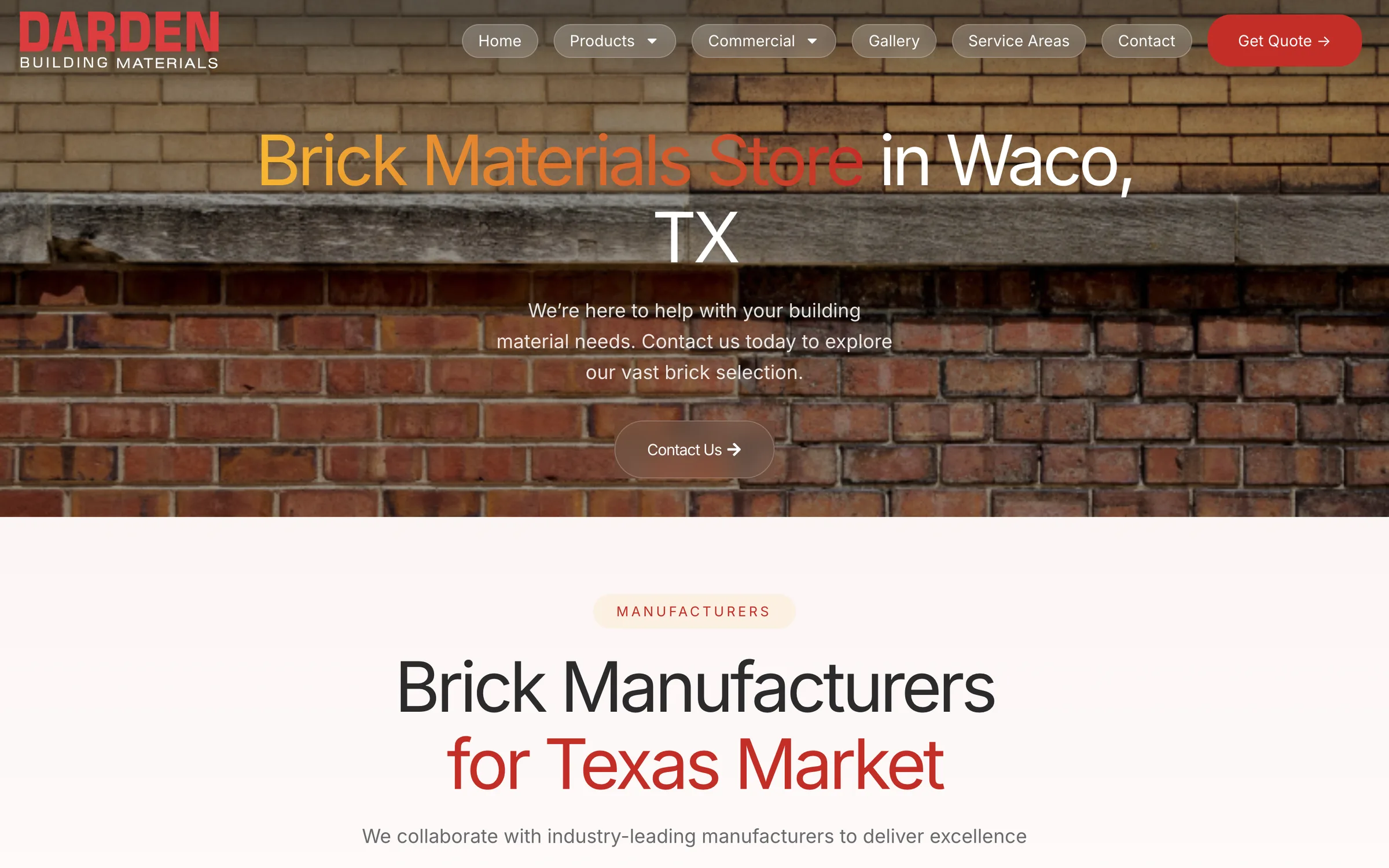 Darden Building Materials brick range page on desktop