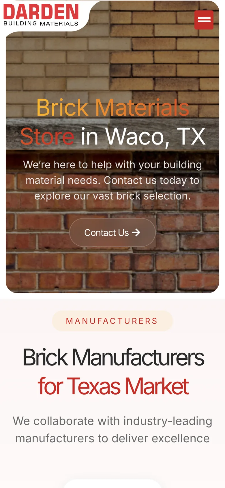 Darden Building Materials brick range page on mobile