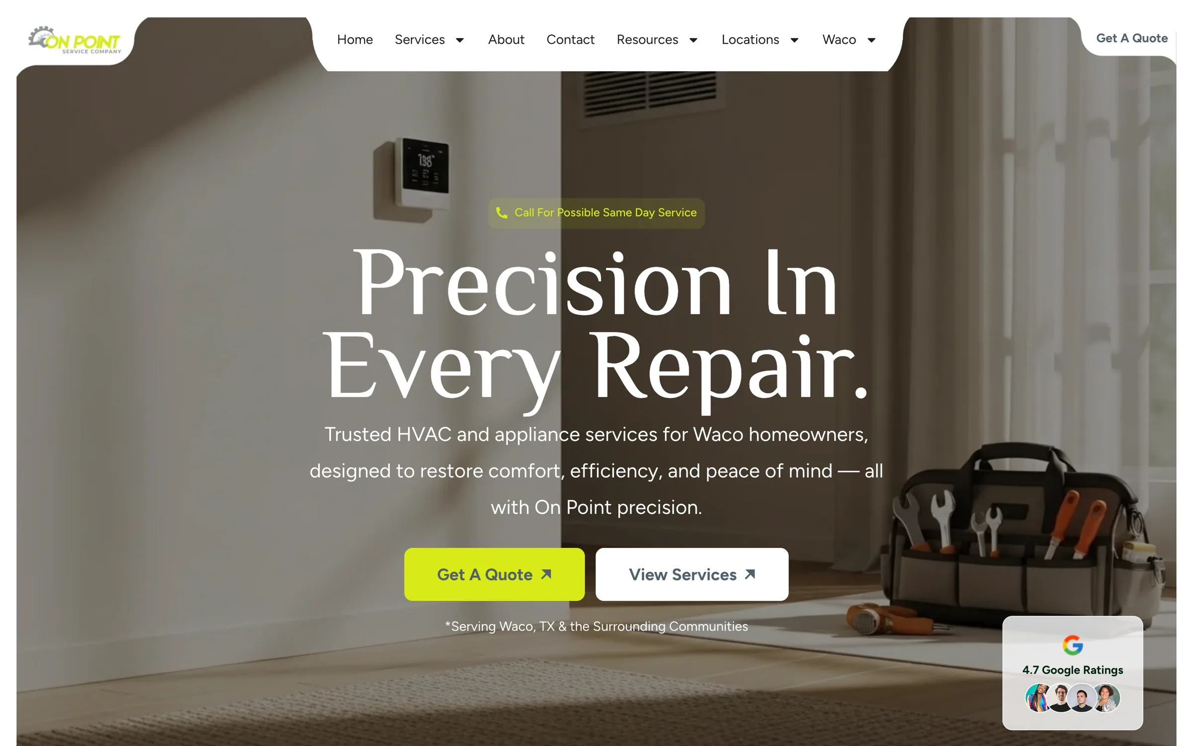 On Point Service Company desktop homepage
