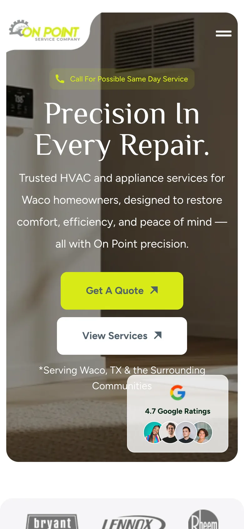 On Point Service Company mobile homepage