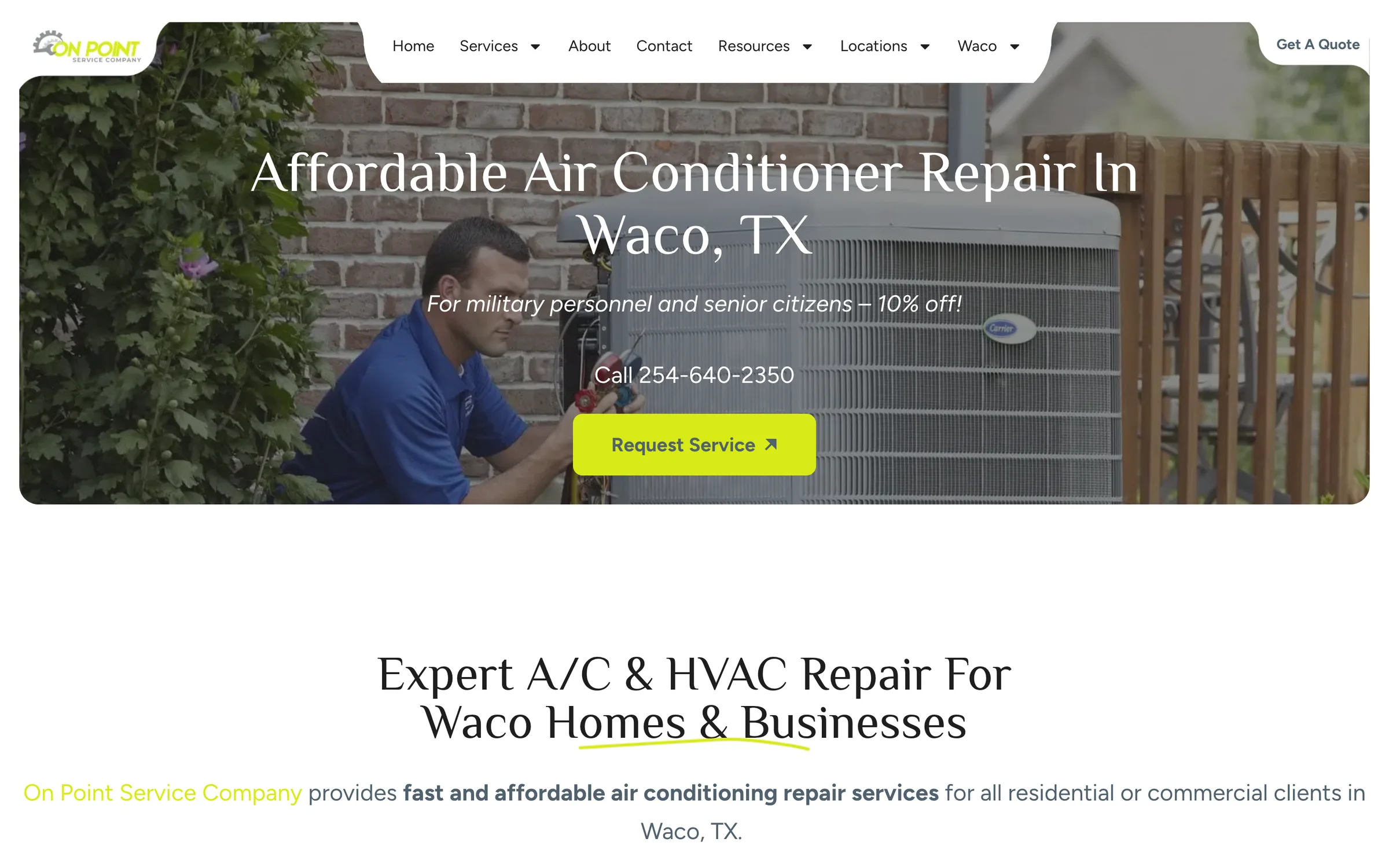On Point Service Company air-conditioner repair page on desktop