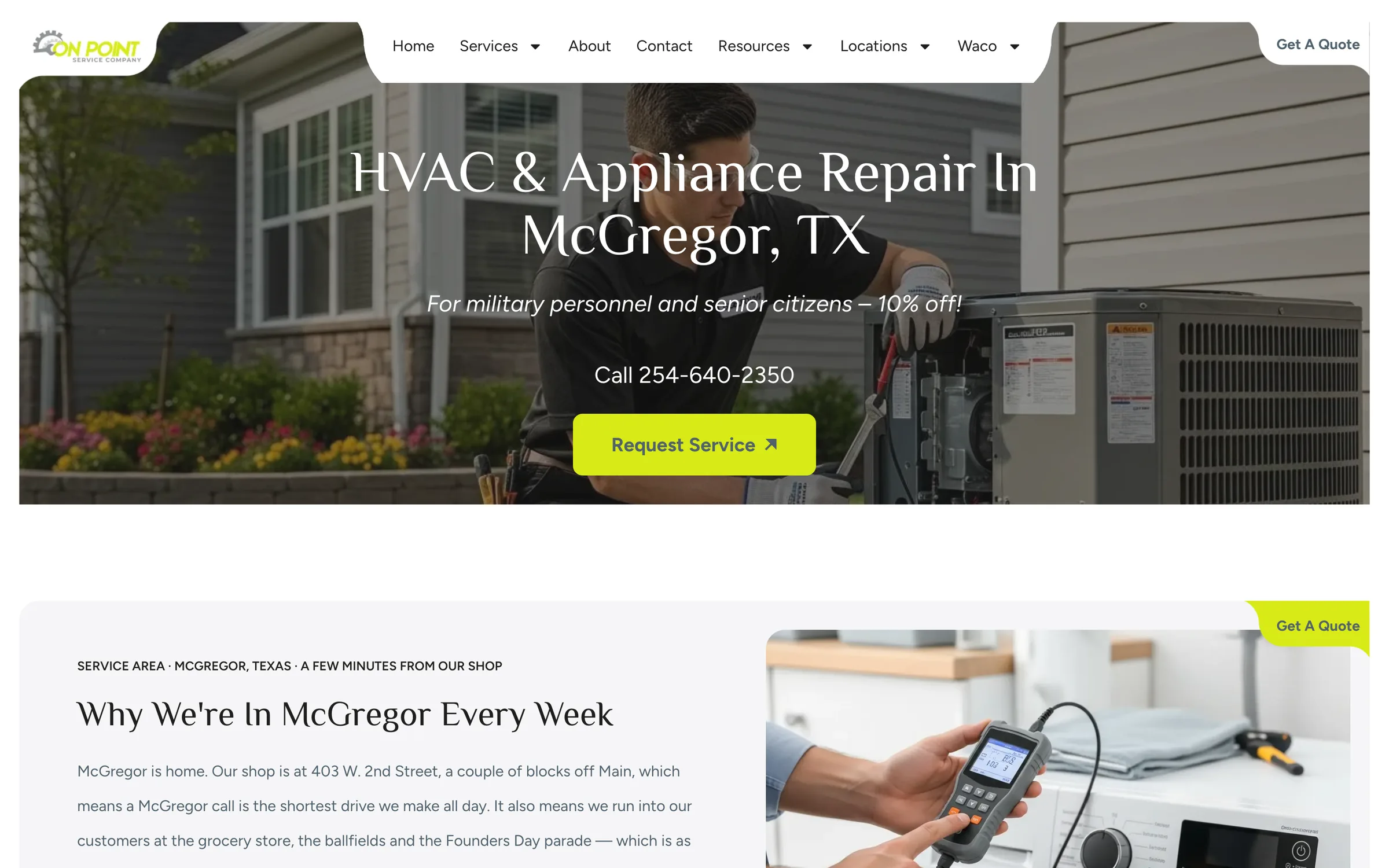 On Point Service Company McGregor, Texas town page on desktop