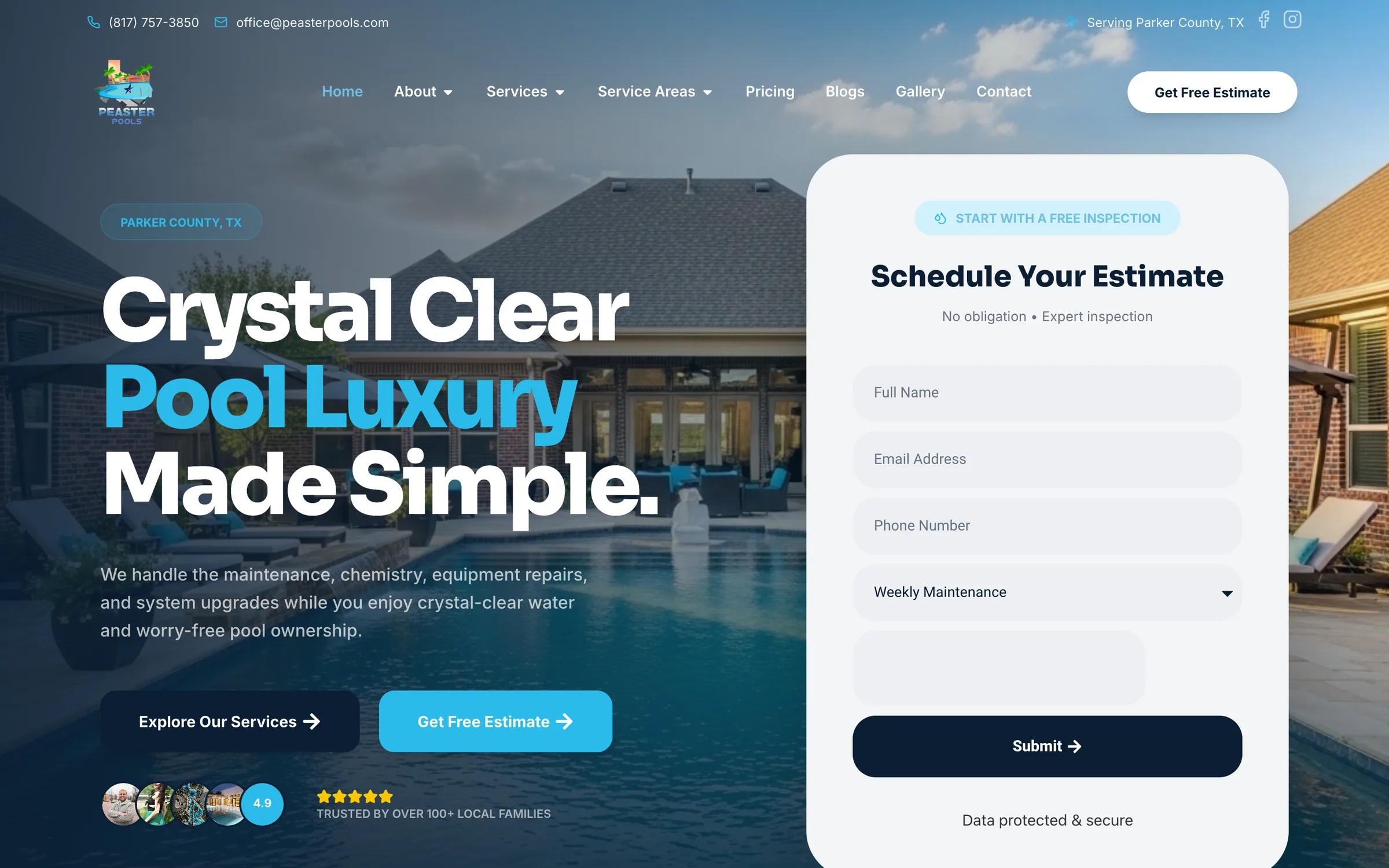 Peaster Pools desktop homepage