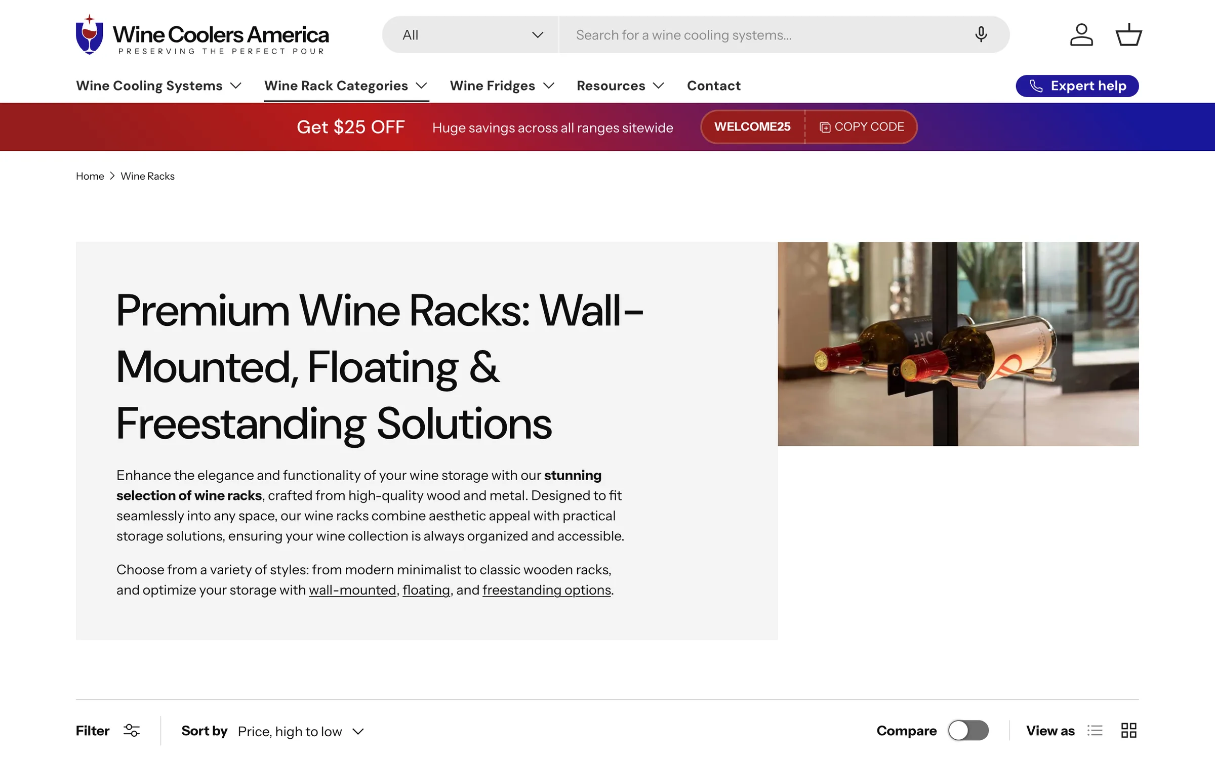 Wine Coolers America wine racks collection page on desktop