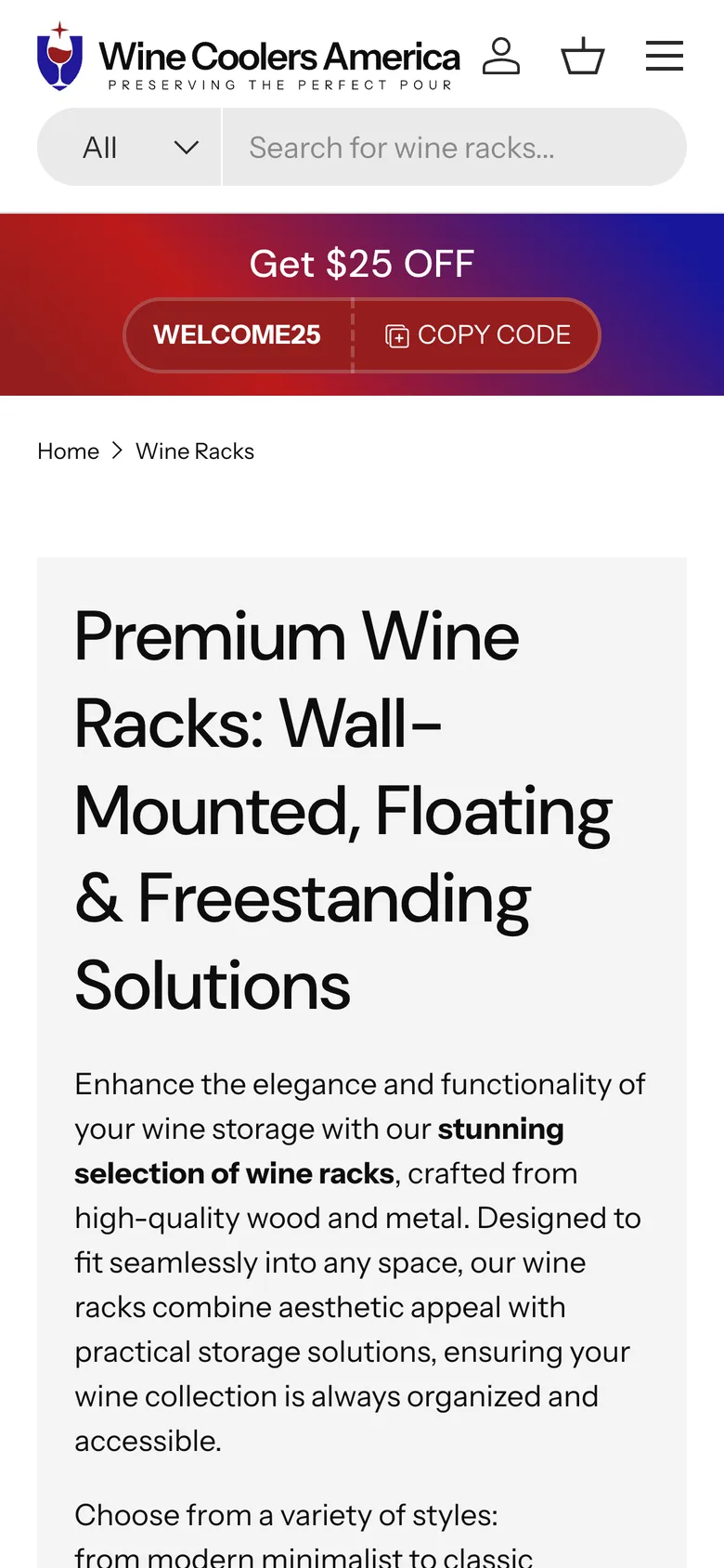 Wine Coolers America wine racks collection page on mobile